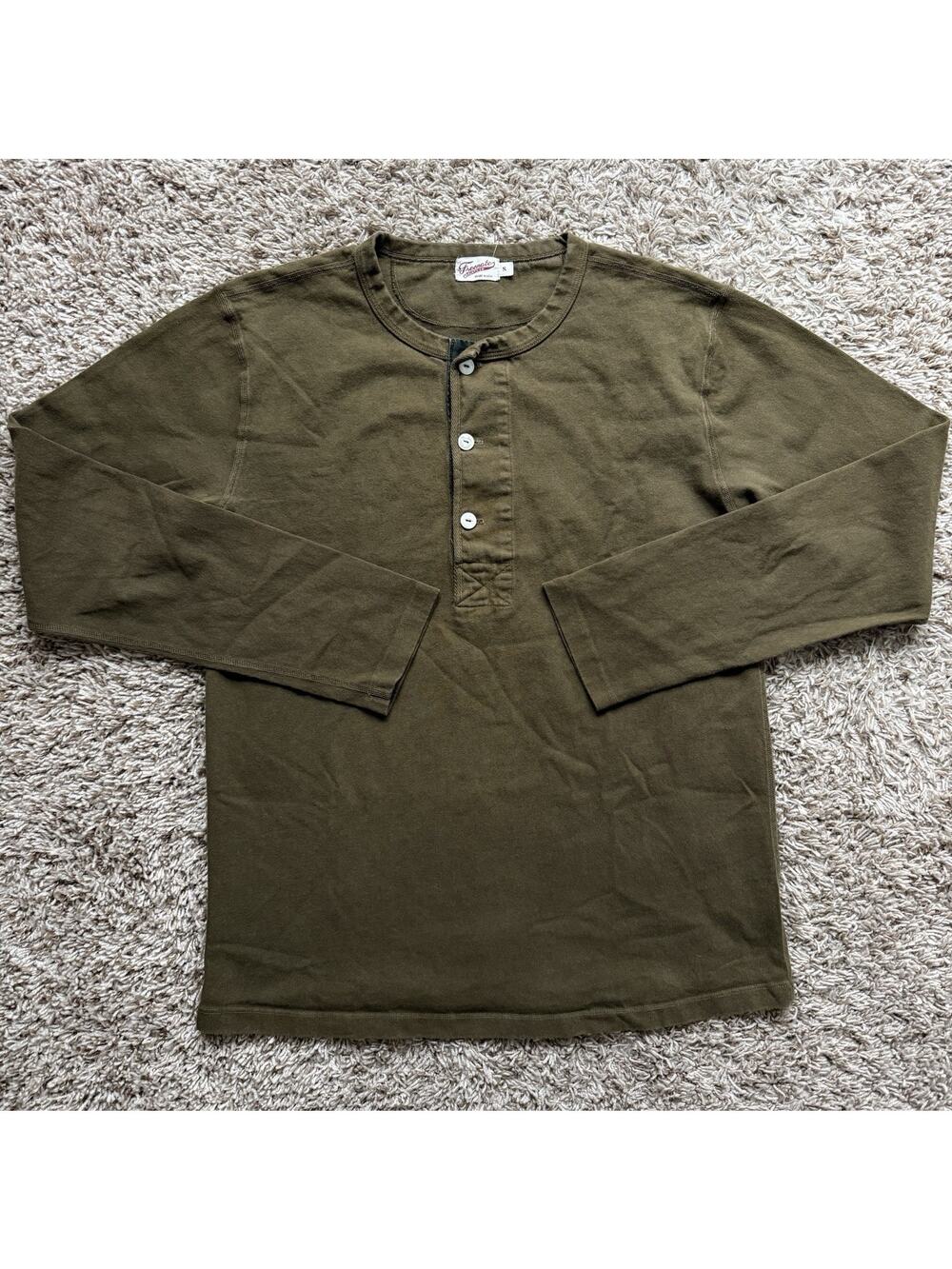 Freenote Cloth 13 Ounce Henley Cedar Olive Brown Knit Shirt Men’s Size Small